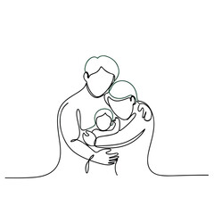 Family adoption concept with parents embracing child in continuous line art. Family adoption symbolizes love, hope, and new beginnings, depicted through minimalist line drawing.
