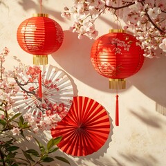 Red lanterns and paper fans with cherry blossoms create festive Chinese New Year decoration, sakura flowers 