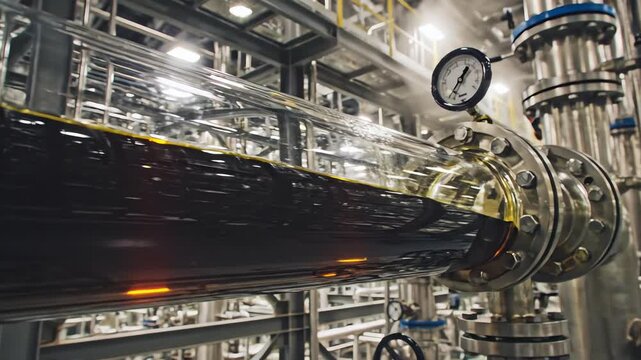 Extreme close up slow motion shot of thick crude oil flowing through clear glass piping within a complex industrial refinery distillation tower extreme close up slow motion shot, fluid dynamics