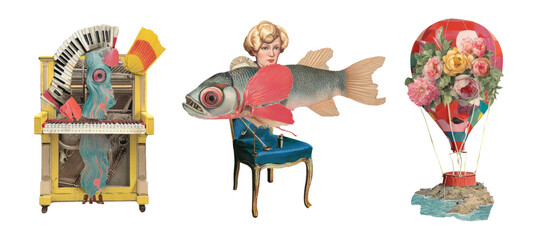 Retro Collage with Fish, Woman, Piano and Hot Air Balloon Elements