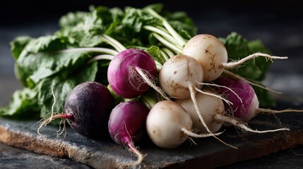 Rustic still life of fresh purple and white radishes with green tops on dark slate background