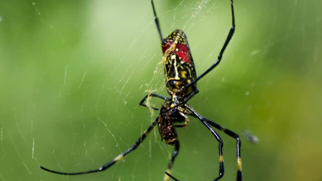 Joro spider or Trichonephila clavata or spider wrapping food with his silk to store for future.