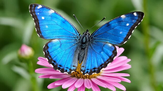 Extreme close-up shot capturing the high-detail texture of a brilliant blue morpho butterfly wings slowly opening and closing while perched on a cheerful pink daisy wildflower motion, ecology, insect