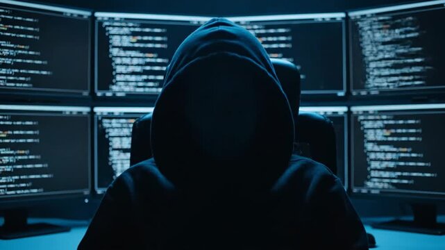 Hooded Programmer Working on Code in Dark Room with Multiple Monitors
