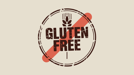 A gluten free stamp with a wheat symbol and a red line through it on a light beige background design