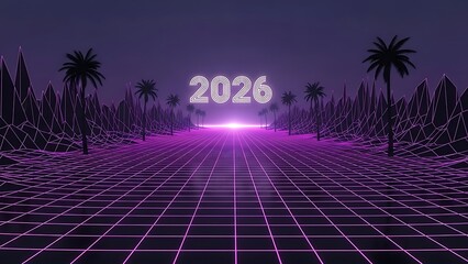 Step into 2026 with this stunning retro neon grid landscape, perfect for futuristic designs, tech celebrations, and vibrant new year promotions with a touch of tropical flair