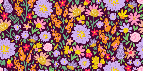 Bright floral vector seamless pattern. Purple, orange meadow flowers on a dark background. For prints on fabrics, textiles, and summer clothes.