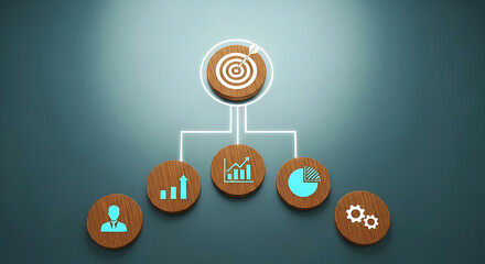 Business strategy flowchart with target icon and data analysis symbols diagram
