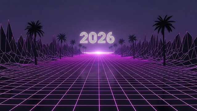 Step into 2026 with this stunning retro neon grid landscape, perfect for futuristic designs, tech celebrations, and vibrant new year promotions with a touch of tropical flair