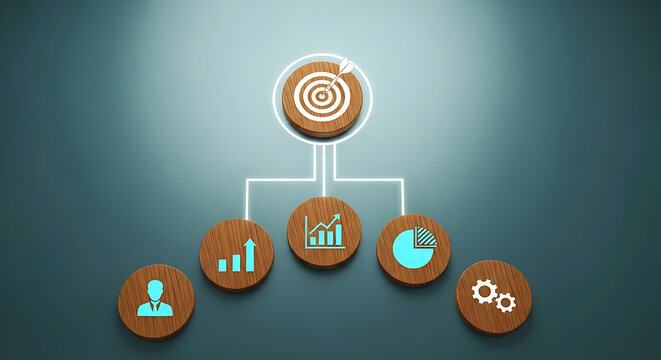 Business strategy flowchart with target icon and data analysis symbols diagram