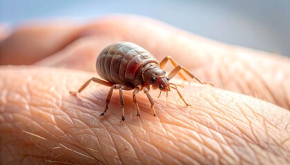 Obraz premium Macro shot of an insect on human skin, focusing on its segmented body, tiny legs, and antennae, set against a blurred background