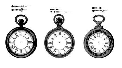 Vintage clock with Roman numerals isolated on a white background. Black antique clock with hands and a Roman dial. Vector