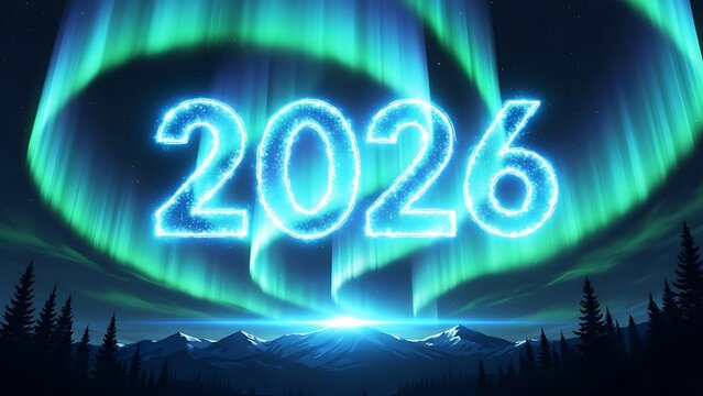 Celebrate 2026 with vibrant aurora borealis over majestic mountains, a stunning nature display for New Year greetings and festive celebration visuals - Powered by Adobe