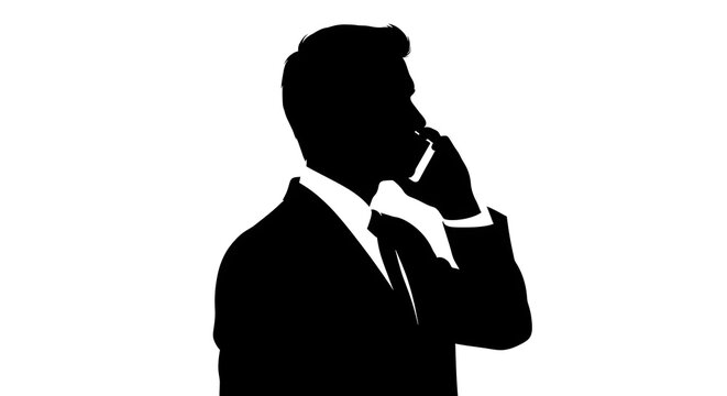Silhouette of a man in a suit talking on a cell phone against a white background in side profile
