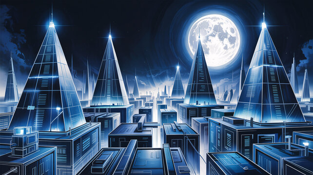 Futuristic cityscape under a glowing full moon, showcasing modern architectural design and urban innovation, ideal for science fiction concepts and technology-driven marketing campaigns