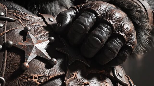 Extreme macro slow motion detail of a massive gorilla's muscular hand resting on a simple star-shaped sheriff badge attached to worn leather armor in dramatic lighting vigilance, power, stock footage