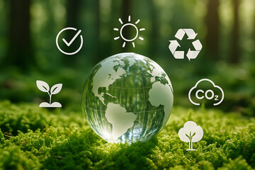 A glass world globe resting on lush green moss surrounded by neon icons of a checkmark, sun, recycling, plant, co2, and tree symbolizing a circular economy