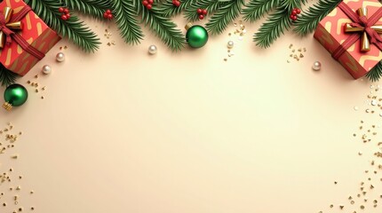 Festive christmas arrangement with gifts ornaments and pine branches on beige background