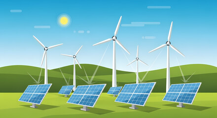 A vibrant landscape illustration featuring a renewable energy farm on a grassy hill under a bright sun. The scene includes multiple wind turbines and rows of solar panels