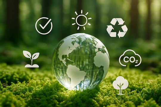 A glass world globe resting on lush green moss surrounded by neon icons of a checkmark, sun, recycling, plant, co2, and tree symbolizing a circular economy - Powered by Adobe