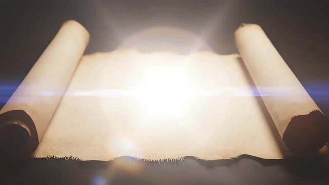 Extreme slow motion capture of a stylized antique parchment scroll rapidly unrolling to reveal an intense, brilliant white light emerging from within the empty paper extreme, detail, success