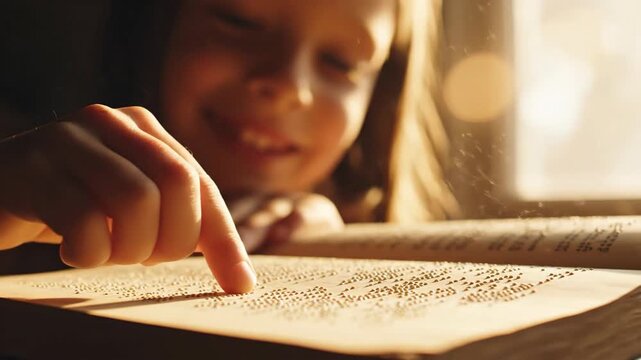 Child learning to read braille book with finger in warm sunlight - Powered by Adobe