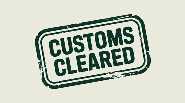 A slightly angled customs cleared stamp in dark green with a double border on a light background