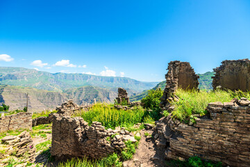 Picturesque view with ruins above a mountain canyon. North Caucasus