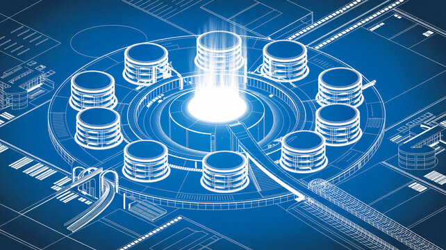 Blueprint of a futuristic data center design with glowing central hub, symbolizing advanced technology and innovation for modern business solutions and cutting-edge research, ideal for presentations