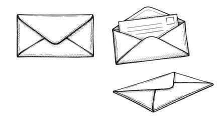 A collection of three hand-drawn sketch illustrations of postal envelopes one of which is open with a letter inside of it.