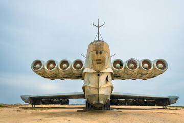 Soviet experimental ekranoplan Lun on the shore of the Caspian Sea - a local landmark. Caspian monster