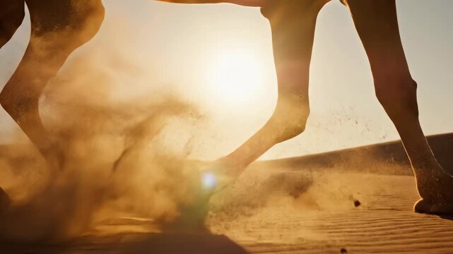 Extreme slow motion close-up of a camel's legs kicking up fine desert sand dust while backlit by a brilliant circular light source smooth, desert, contrast