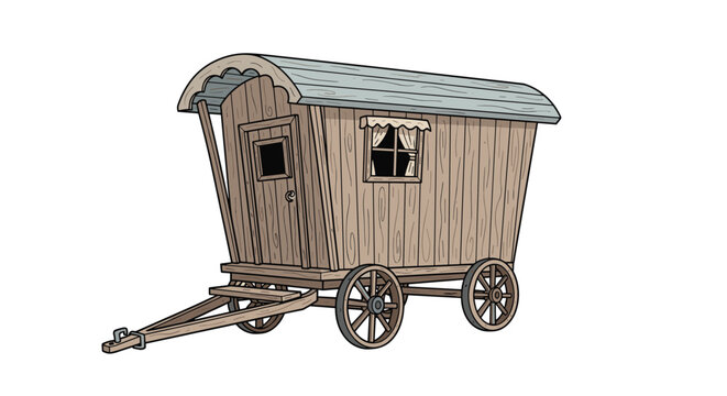 A hand-drawn illustration of a vintage wooden covered wagon or gypsy caravan with small windows and a curved roof on a white background.