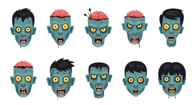 A collection of gruesome and expressive cartoon zombie heads with exposed brains and dripping blood for Halloween character design.