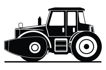 Isolated black road roller icon has a big drum and enclosed cabin structure