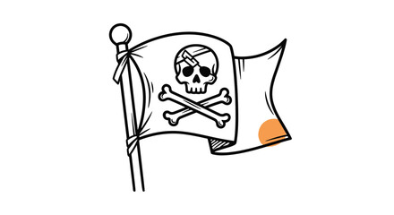 A black and white doodle of a pirate flag or jolly roger with a skull and crossbones waving on a flagpole.