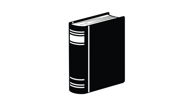 A simple black and white silhouette icon of a thick hardcover book standing upright showing its spine and front cover.