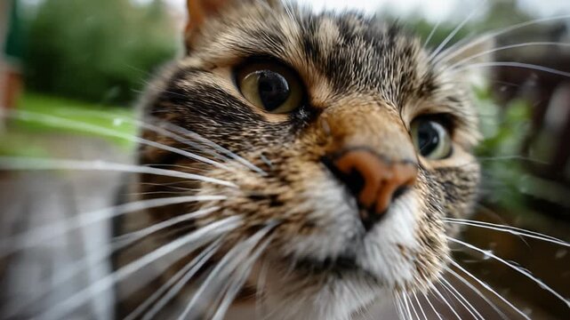Closeup of curious tabby cat with green eyes exploring outdoors with detailed whiskers and wet nose