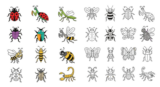 Naklejki Diverse collection of cute cartoon insect and bug illustrations in both full color and black and white line art styles.