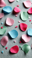 Obraz premium Close-Up of Colorful Paper Confetti Petals on a Textured Grey Surface