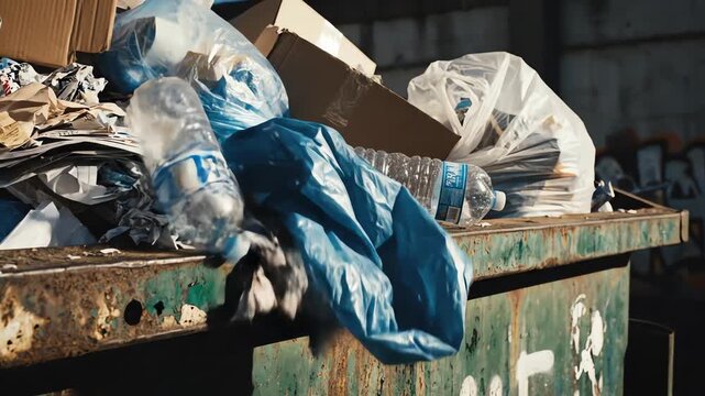 Extreme slow motion close-up of crumpled paper, discarded plastic, and generic refuse overflowing from a large, weathered, empty dumpster in a service area environmental pollution, high frame rate