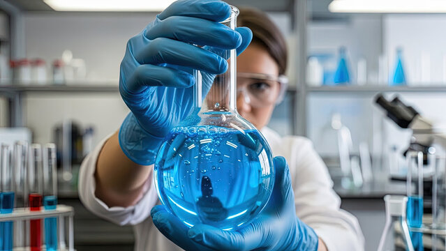 Scientist holding round bottom flask with vibrant blue liquid conducting chemical experiment laboratory research analysis innovation discovery science technology concept