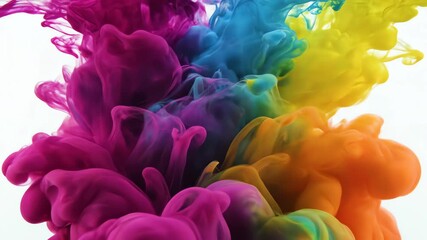 Extreme slow motion macro shot capturing vibrant magenta, cyan, and yellow ink colors wildly expanding and passionately mixing in clear water meditation, emotion, excitement