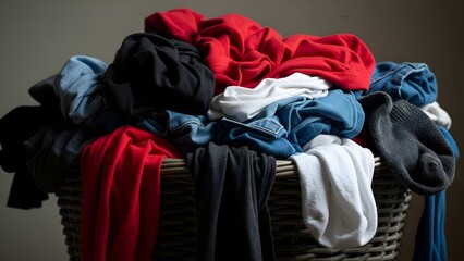 Overflowing laundry basket filled with colorful clothes against a gray backdrop