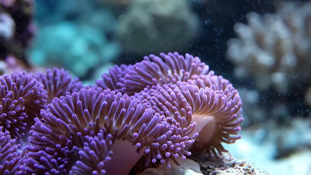Extreme slow motion macro close-up showing intricate details of bright purple coral polyps gently swaying in the subtle ocean current microscopic, gently, coral