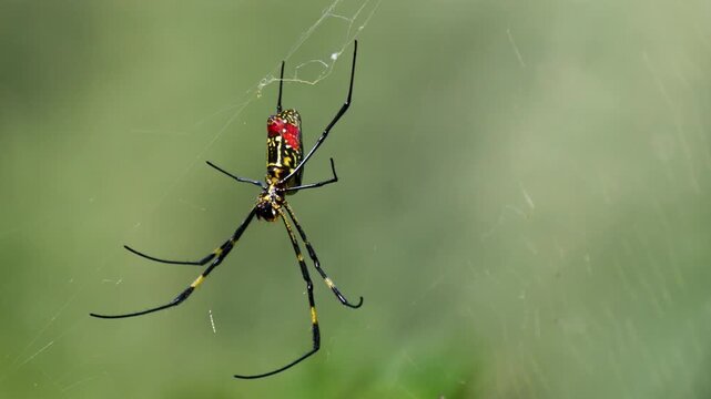 Spider grooming itself, Joro spider Trichonephila clavata hanging on its golden colored web.