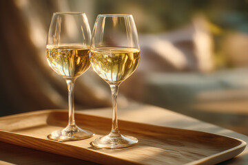 Obraz premium Two elegant wine glasses filled with white wine, resting on a wooden tray with a soft, blurred background, creating a cozy ambiance.