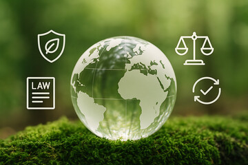 A glass globe on green moss surrounded by neon icons of a law document, leaf shield, balance scales, and a checkmark arrow representing environmental legal protection