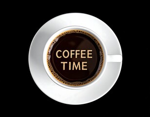 Overhead shot of a white coffee cup filled with dark liquid, centered on a white saucer, black backdrop