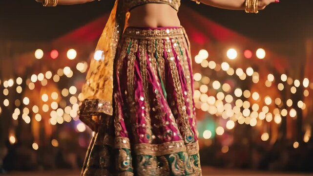 Extreme slow motion shot detailing the dynamic swish and flow of embroidered Indian Chaniya Choli textile fabrics used in traditional festival costuming flow